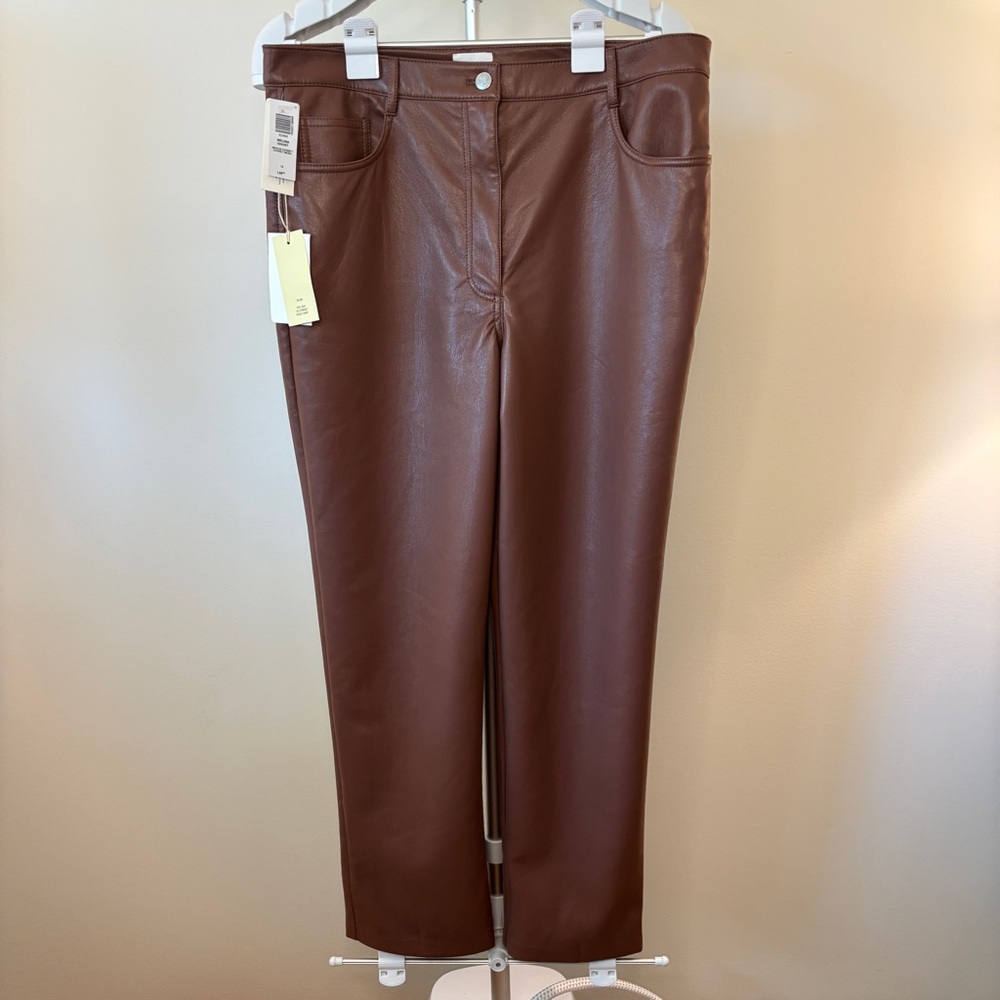 Aritzia Wilfred Sz 14 Short Melina High Rise Straight Leather Pant Cognac Brown